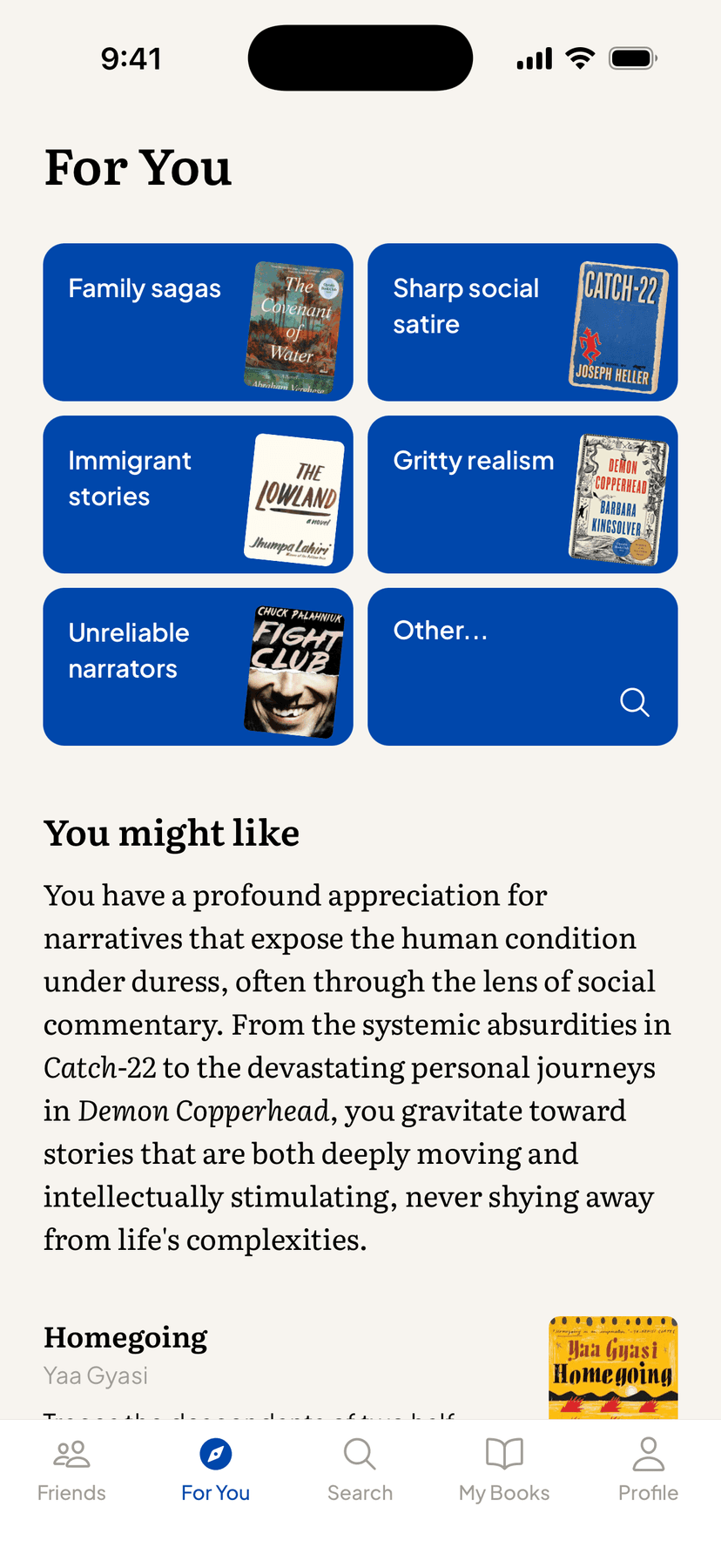 Novi For You page showing personalized book recommendation categories